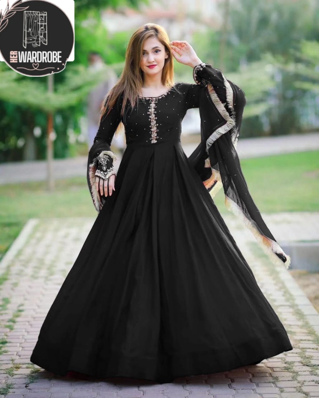 Neck, Sleeves Embroidered with Pearls Attached Long Maxi With Lace Work Dupatta 3PCs