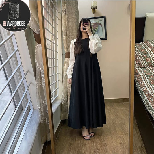 Classic Black Maxi Dress with Elegant White Chiffon Sleeves